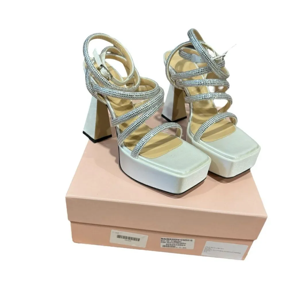 Revolve Mach & Mach White Sydney Embellished Satin Platform Sandals size 39.5